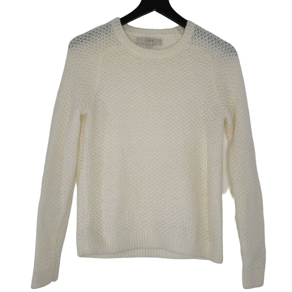 Loft Mohair Sweater Cream Ivory Crew Neck Long Sleeve Open Knit Neutral Preppy S